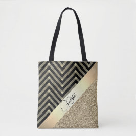 Bolso De Tela Oro Purpurinoso y Chevron negro personalizado