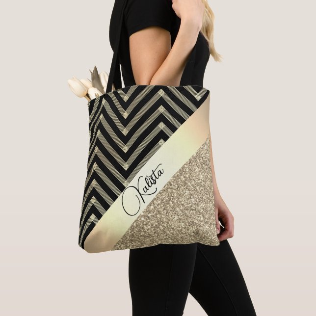 Bolso De Tela Oro Purpurinoso y Chevron negro personalizado (Detalle)
