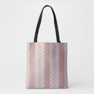 Bolso De Tela Oro rosa metálico, textura de encaje blanquecino.