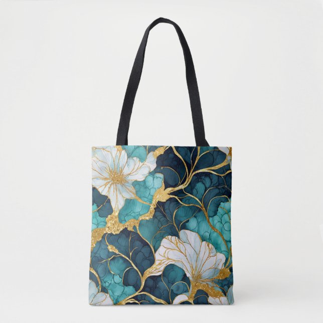 Bolso De Tela Oro Verde azulado floral japonés (Anverso)