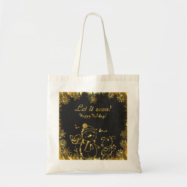 Bolso De Tela Oro Y Ilustracion Negro - Feliz Navidad (Frente)