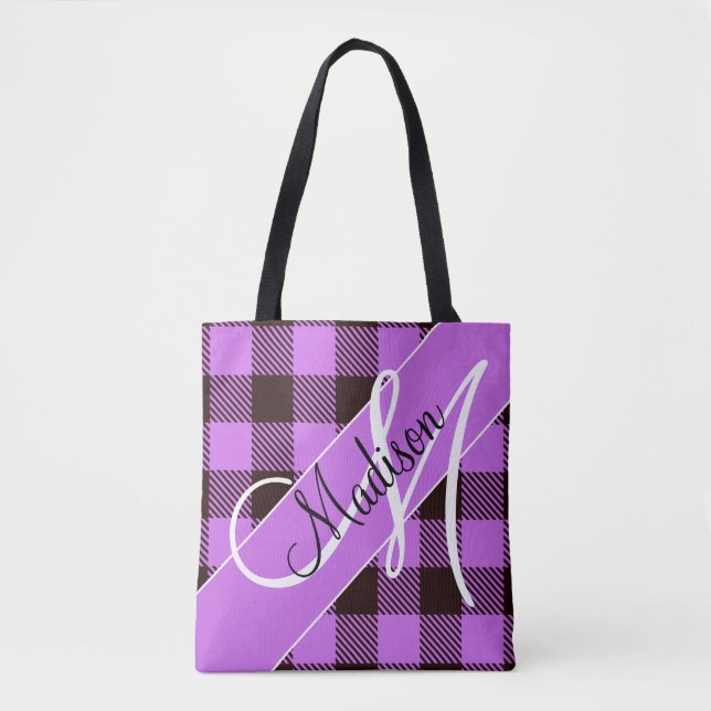Bolso De Tela Orquídea moderna Black Plaid Tartan | Añadir su no (Anverso)