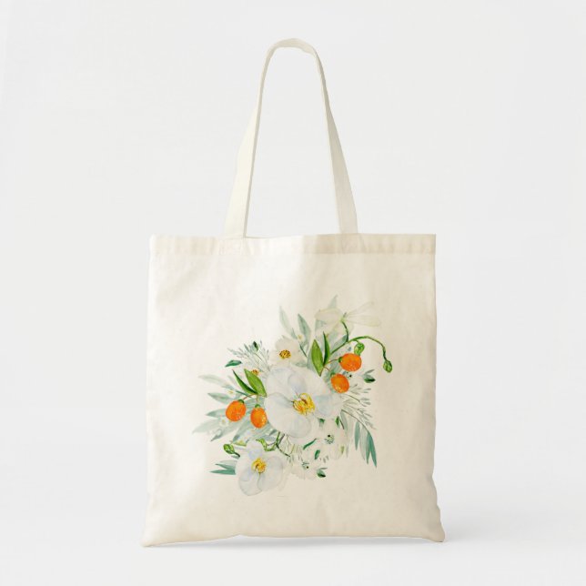 Bolso De Tela Orquídeas blancas acuarelas y Bouquet de Kumquats (Frente)