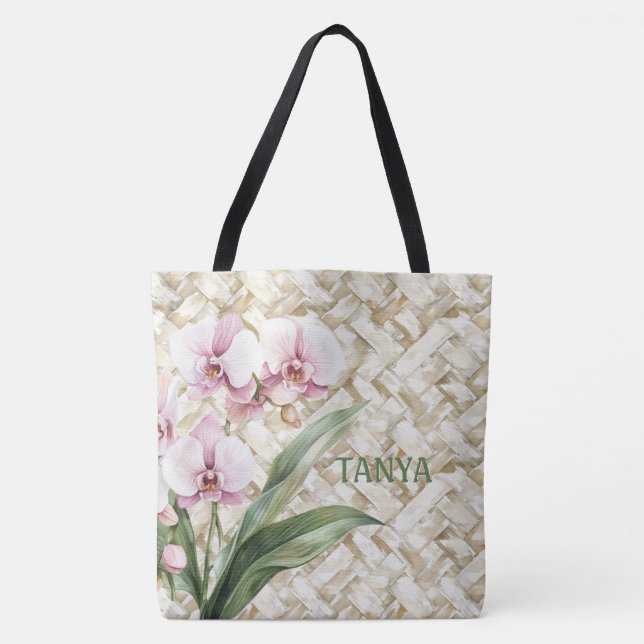 Bolso De Tela Orquídeas en patrón tejido | Personalizado (Anverso)
