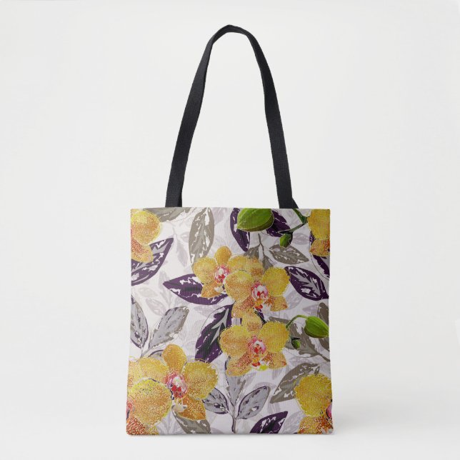 Bolso De Tela orquídeas naranjas amarillas. (Anverso)