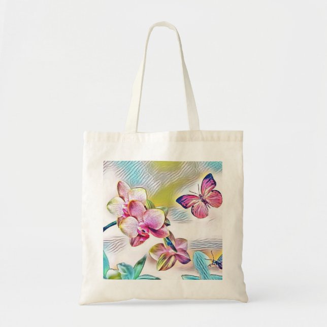 Bolso De Tela Orquídeas rosas, flores y mariposas (Frente)