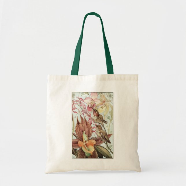 Bolso De Tela Orquídeas tropicales, flores y colibríes (Frente)