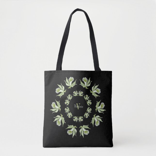 Bolso De Tela Orquídeas verdes claras en el tote negro del (Anverso)
