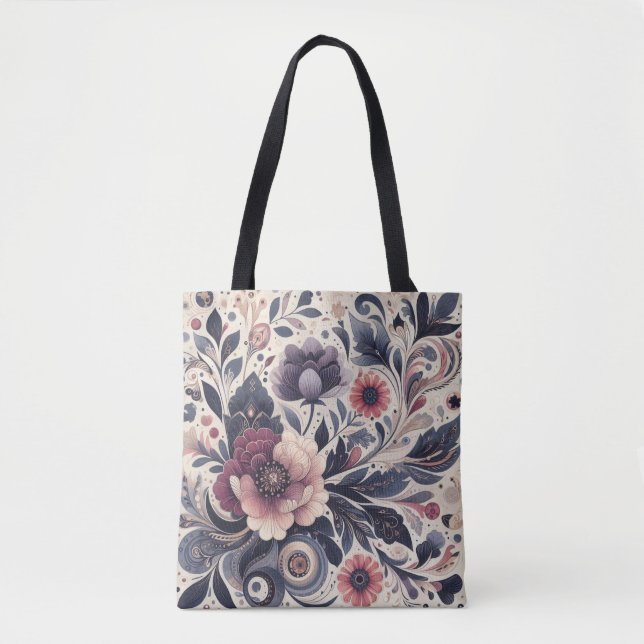 Bolso De Tela Oscuro Romance Borgoña Art Deco Verano Floral (Anverso)