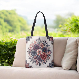 Bolso De Tela Oscuro Romance Borgoña Art Deco Verano Floral