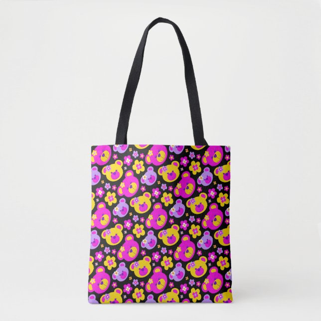 Bolso De Tela Ositos y flores amarillas rosadas con estampado (Anverso)