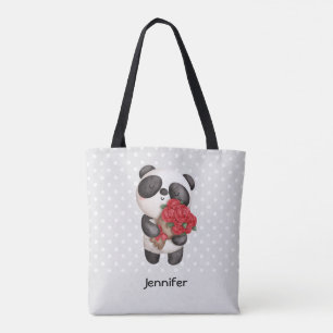 Bolso De Tela Oso de Panda con Rose Bouquet