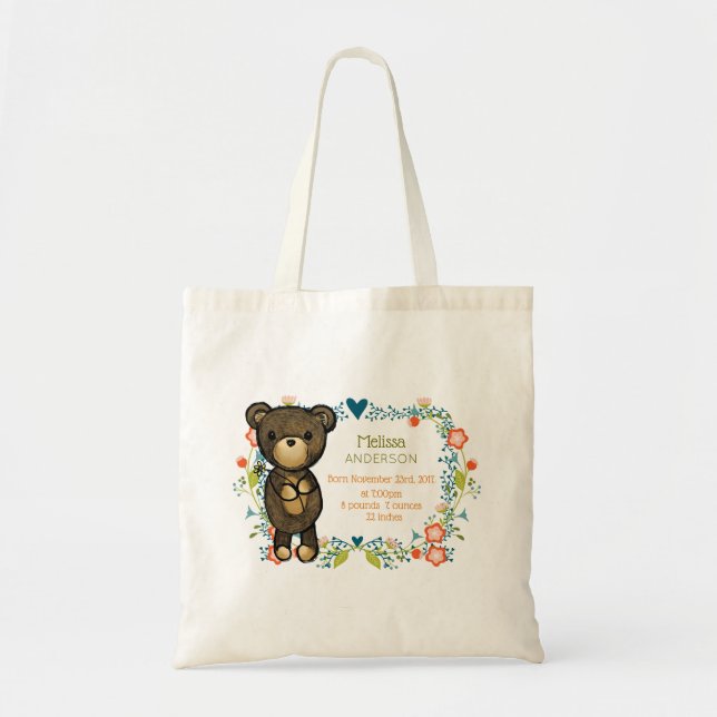 Bolso De Tela Oso de peluche con flores decorativas Nacimiento d (Frente)