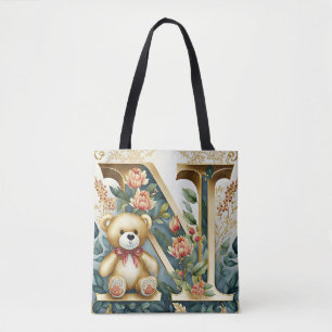 Bolso De Tela Oso de peluche floral letra N