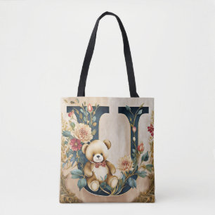 Bolso De Tela Oso de peluche floral letra U