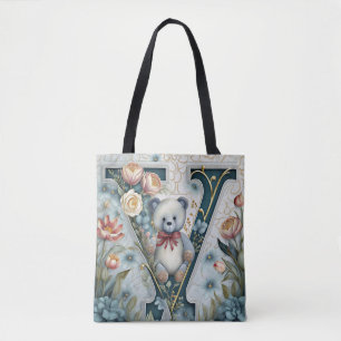 Bolso De Tela Oso de peluche floral letra V