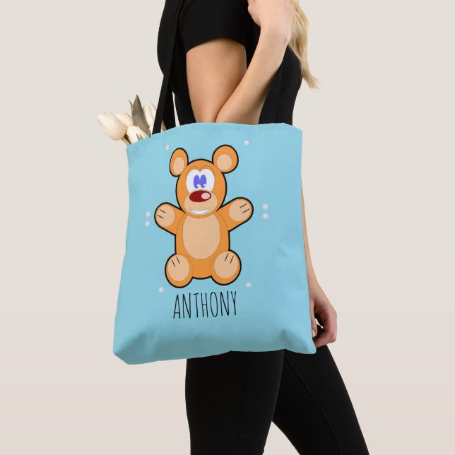 Bolso De Tela Oso de peluche marrón lindo monograma sobre azul (Detalle)