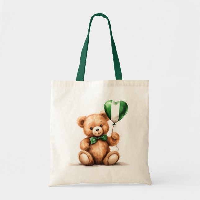 Bolso De Tela oso de peluche y globo con la bandera nigeriana. (Frente)