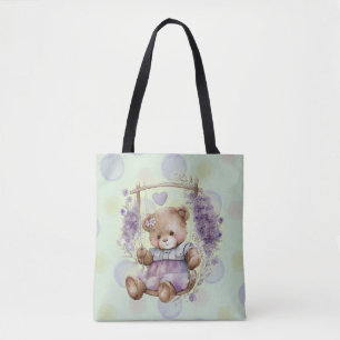 Bolso De Tela Oso De Teddy Marrón Vestido De Lavanda