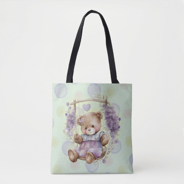 Bolso De Tela Oso De Teddy Marrón Vestido De Lavanda (Anverso)