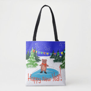 Bolso De Tela Oso gracioso en patines de invierno