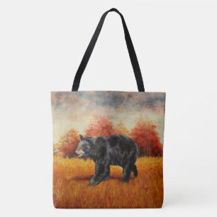 Bolso De Tela Oso Negro en el bosque otoñal