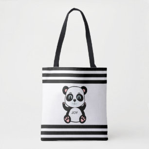Bolso De Tela Oso Panda Moderno & Rayas Blancas y Negras