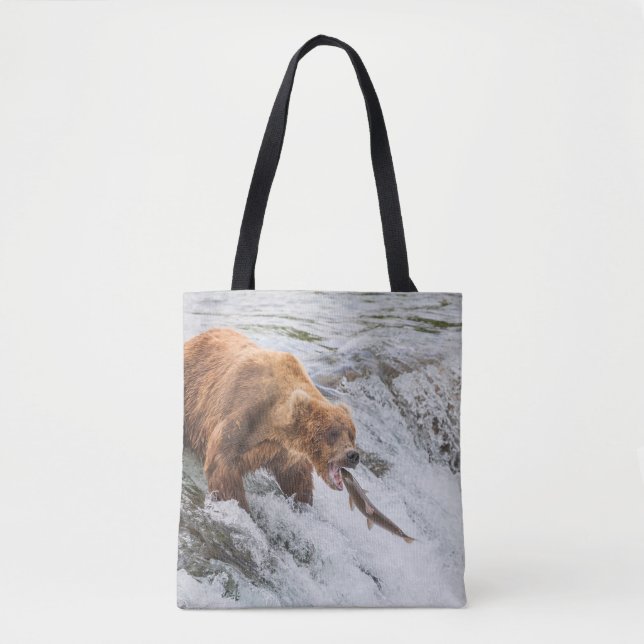 Bolso De Tela Oso pardo atrapa salmón rojo (Anverso)
