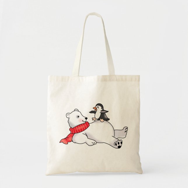 Bolso De Tela Oso Polar y Pingüino (Frente)