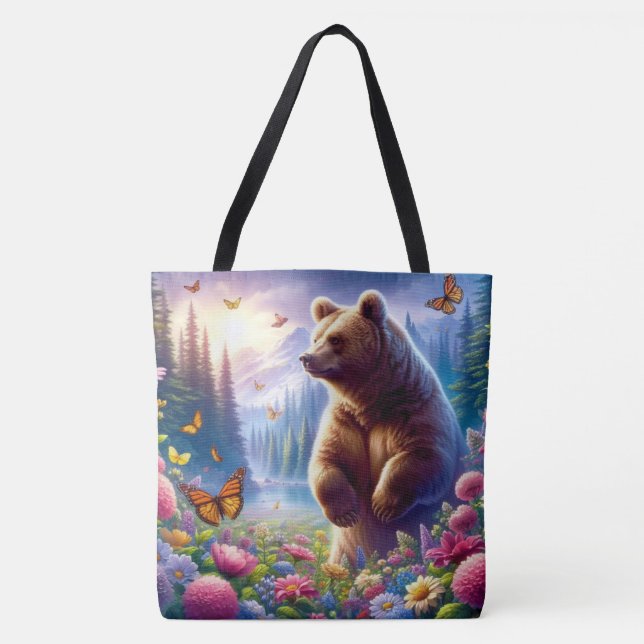 Bolso De Tela Oso y mariposas alegres y coloridos (Anverso)
