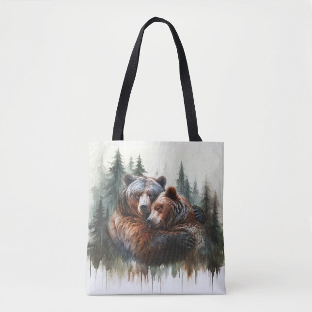 Bolso De Tela Osos acuarelas y árboles de naturaleza rústica (Anverso)