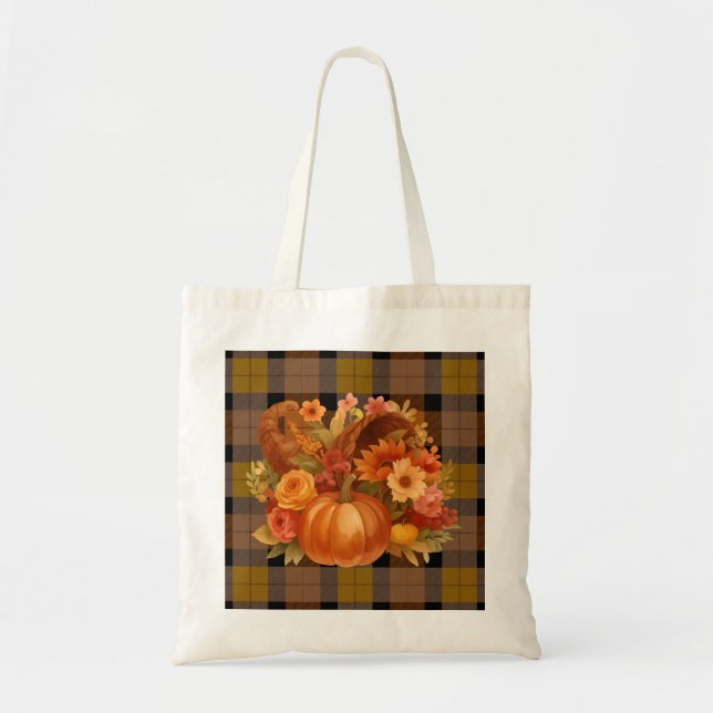Bolso De Tela Otoño Harvest Plaid Y Cornucopia (Frente)