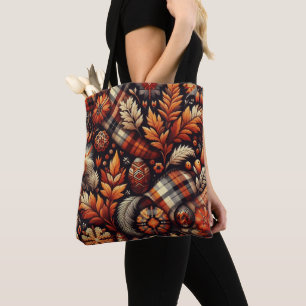 Bolso De Tela Otoño Plaid Leaves Naranja Patrón negro