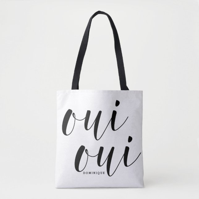 Bolso De Tela Oui Oui Black Modern Caligraphy Dots Polka (Anverso)