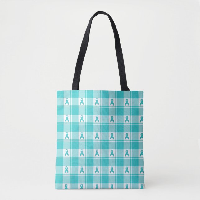 Bolso De Tela Ovarian Cancer Awareness Plaid Tote Bag, Teal (Anverso)