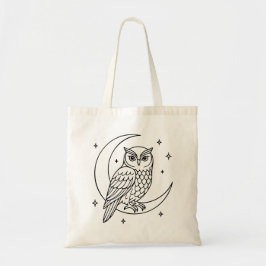 Bolso De Tela  Owl on Crescent Moon with Stars Line Art
