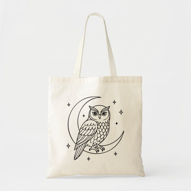 Bolso De Tela  Owl on Crescent Moon with Stars Line Art (Frente)