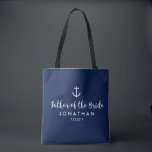Bolso De Tela Padre de encargo de la boda náutica del ancla de<br><div class="desc">Sorprenda al padre de la novia con la esta bolsa de asas personalizada que ofrece un diseño náutico con un ancla blanca fijada contra un fondo azul marino. El personalizar añadiendo su nombre y su boda fechan. Un gran tamaño para casar esencial: ropa, zapatos, bocados, agua, etc. adicionales. El perfecto...</div>