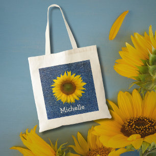 Bolso De Tela País Botánico Azul Girasol Personalizado