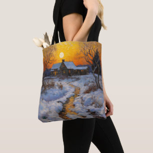 Bolso De Tela Paisaje de invierno del atardecer de la casa