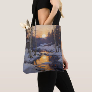 Bolso De Tela Paisaje del bosque de invierno del atardecer