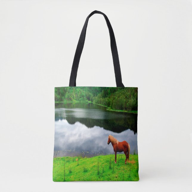 Bolso De Tela Paisaje del lago de caballos verano verde (Anverso)