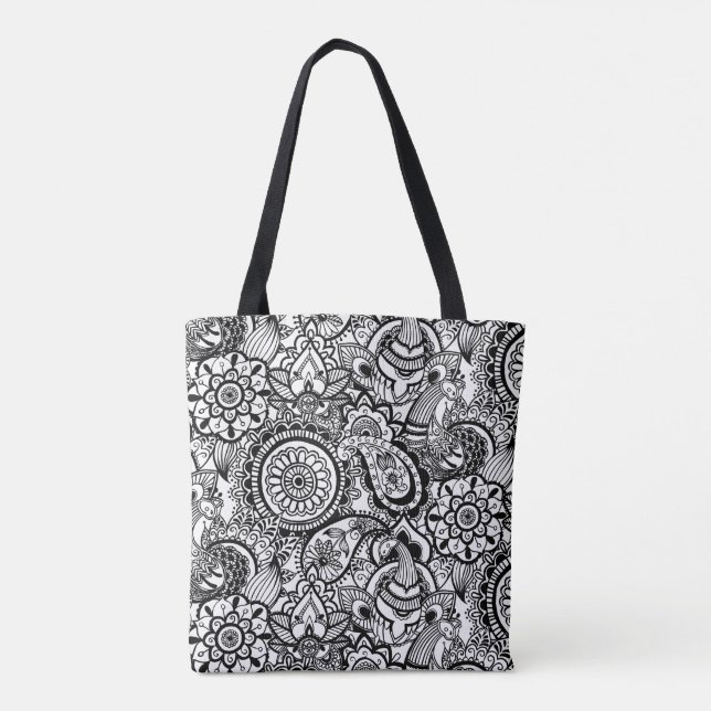 Bolso De Tela Paisaje floral blanco y negro (Reverso)