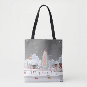 Bolso De Tela Paisaje invernal: celebración del pueblo nocturno.