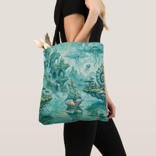 Bolso De Tela Paisaje marino surreal de ensueño en verde cian