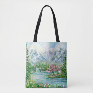 Bolso De Tela Paisaje montañoso de primavera. Mano acrílica orig
