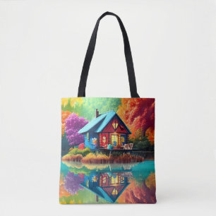 Bolso De Tela Paisaje natural con lago, cabaña, otoño