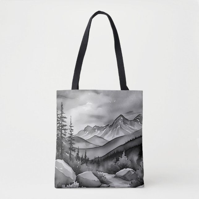 Bolso De Tela Paisaje pintado en blanco y negro de las montañas (Anverso)