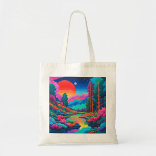 Bolso De Tela Paisaje psicodélico arte verde rosa