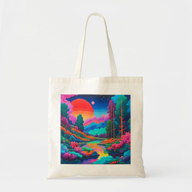 Bolso De Tela Paisaje psicodélico arte verde rosa (Frente)